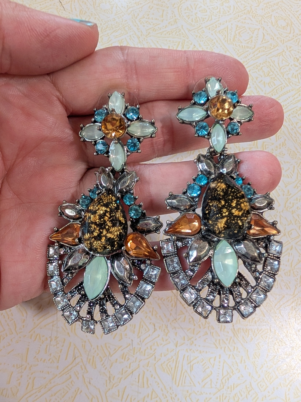 Vintage Statement Floral Drop Earrings in Teal, Amber & Black